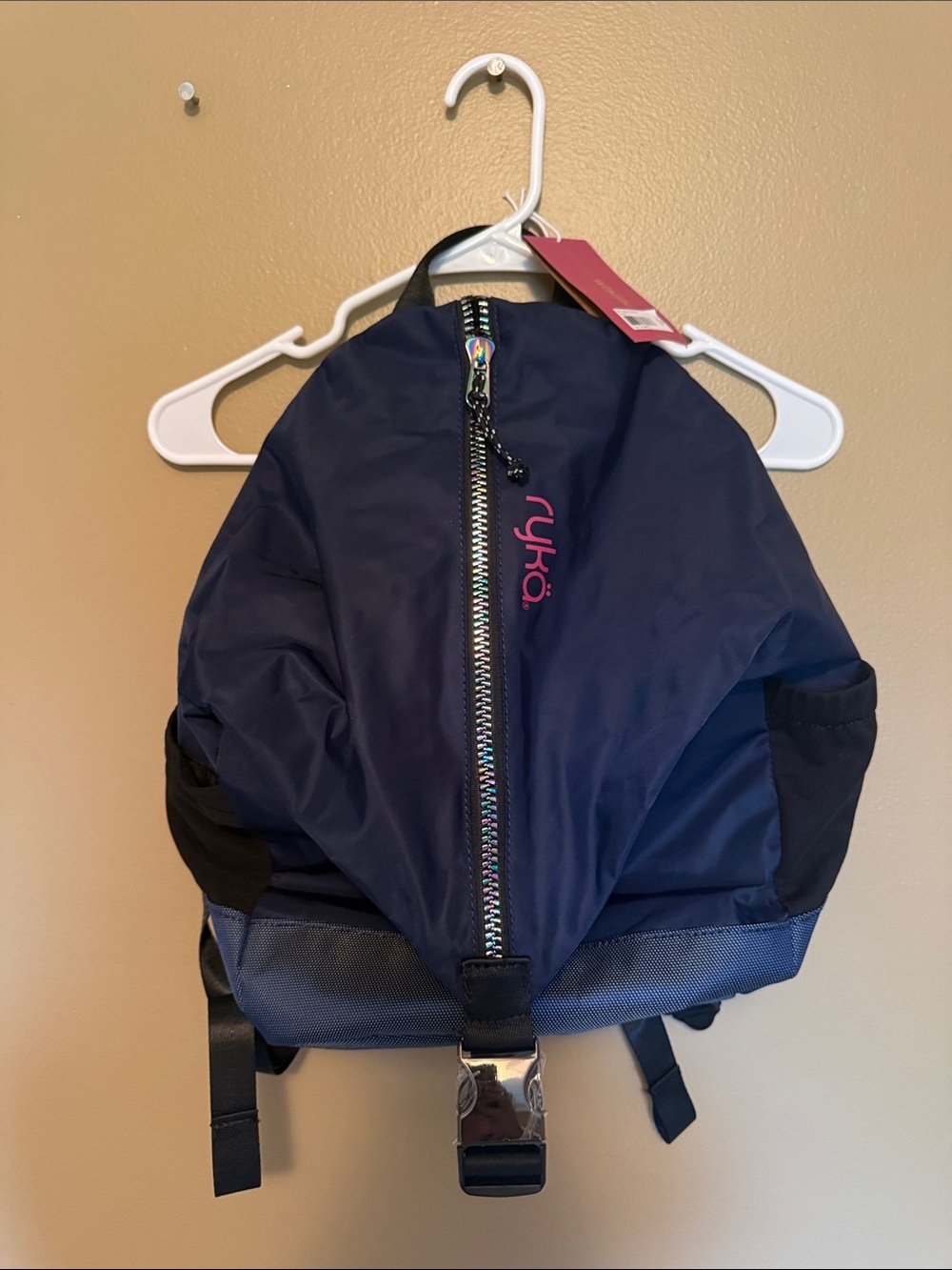 Ryka Navy Backpack with Iridescent Zipper and Pink Logo
